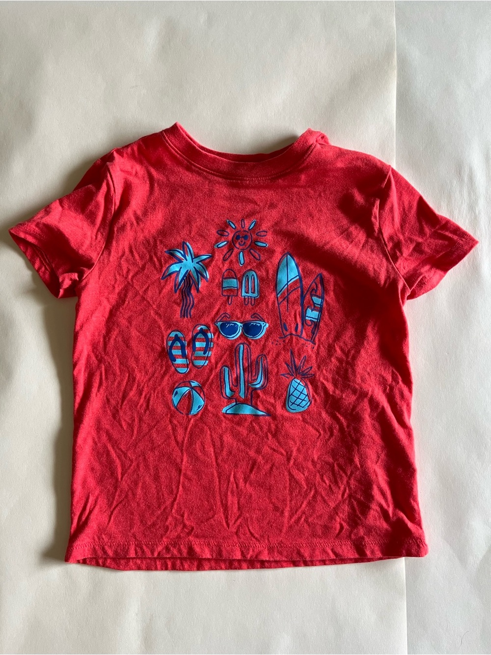 Cat & Jack Red Short Sleeve Tee with Blue Summer Icons